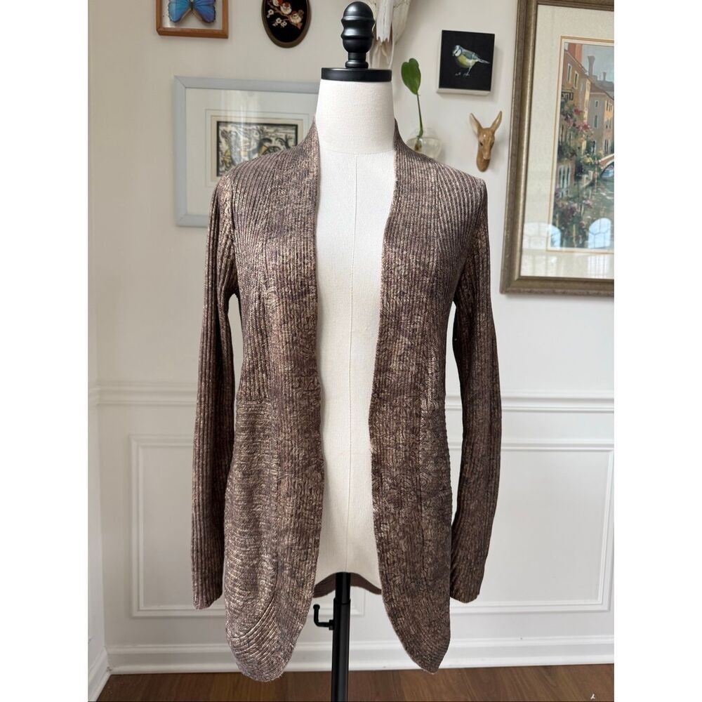 Chico’s Bronze Metallic Open Front Ribbed Cardigan Sweater 0 S